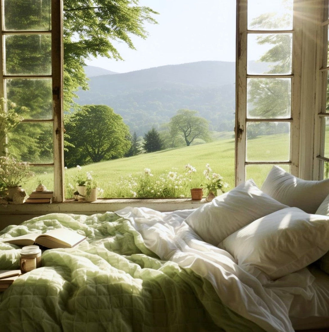 comfy bed with natural bedding nearby open window with a view on beautiful green landscape