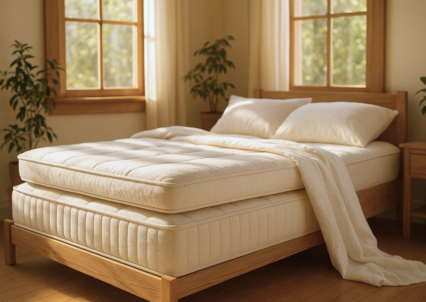 mattress topper filled with organic wool on bed in a sunny bedroom