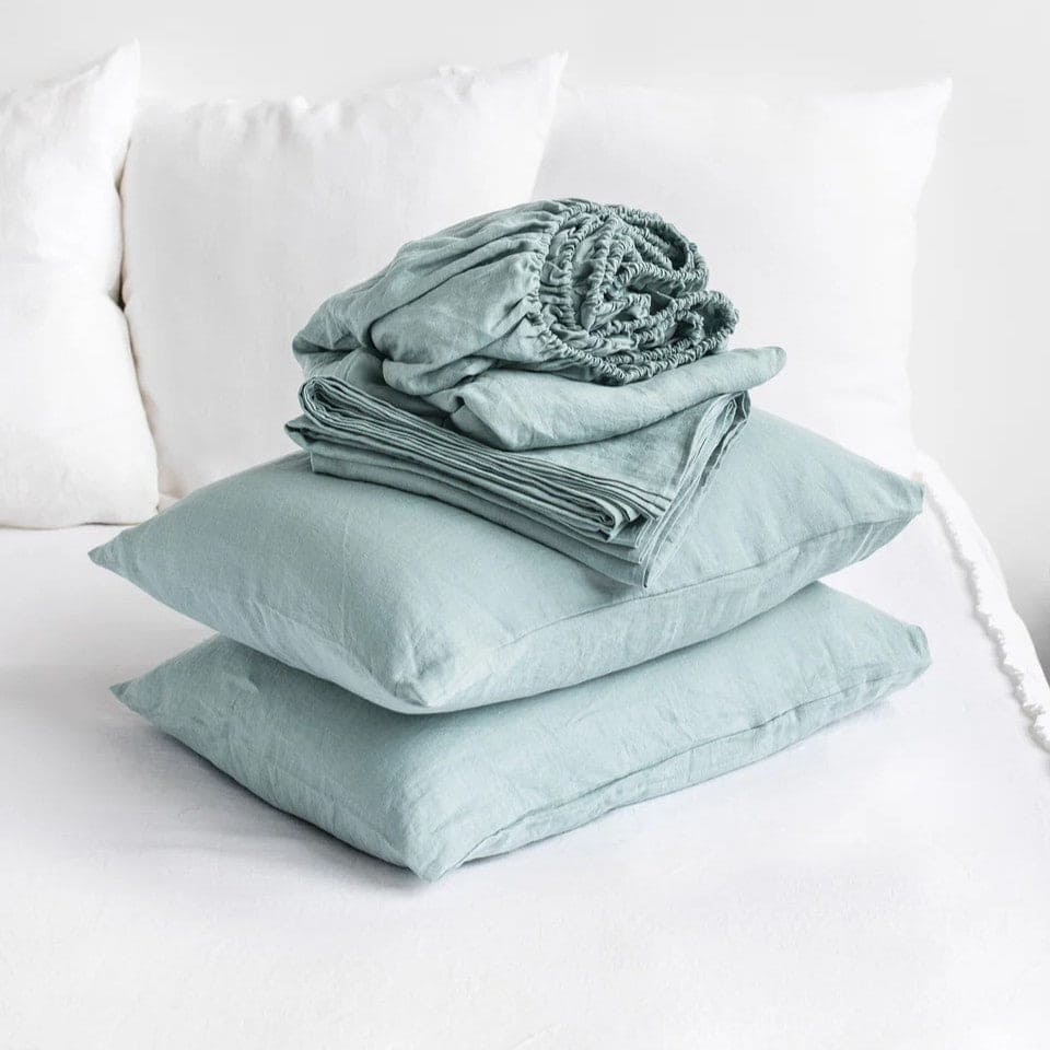 Pure European Linen Bed Sheets Set | Choice of Colors & Depth Linen Sheets Sets Twin / Regular (10 in - 25 cm) / Aloes - SHOO-FOO, comfort of natural fibers