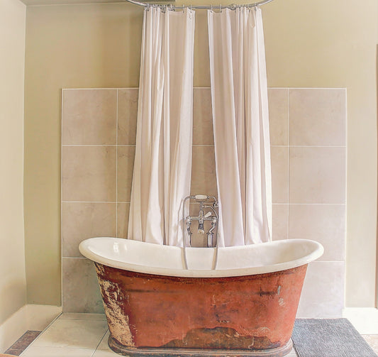 hemp shower curtain in modern bathroom