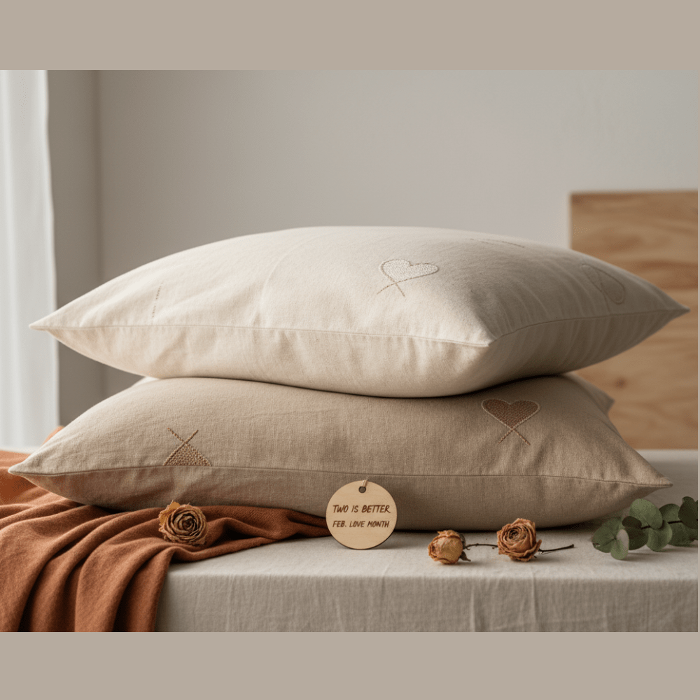 2 lovely bed pillows laying on each other, love mood, two is better, promo for Feb Love Month, natural colors, natural light 