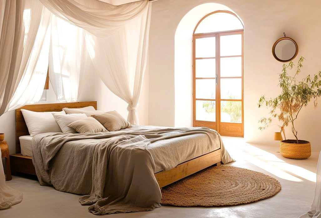 bed dressed with bed sheets, duvet cover, blanket and pillows made from natural fibers in neutral color, in a bedroom filed with natural light coming from large window