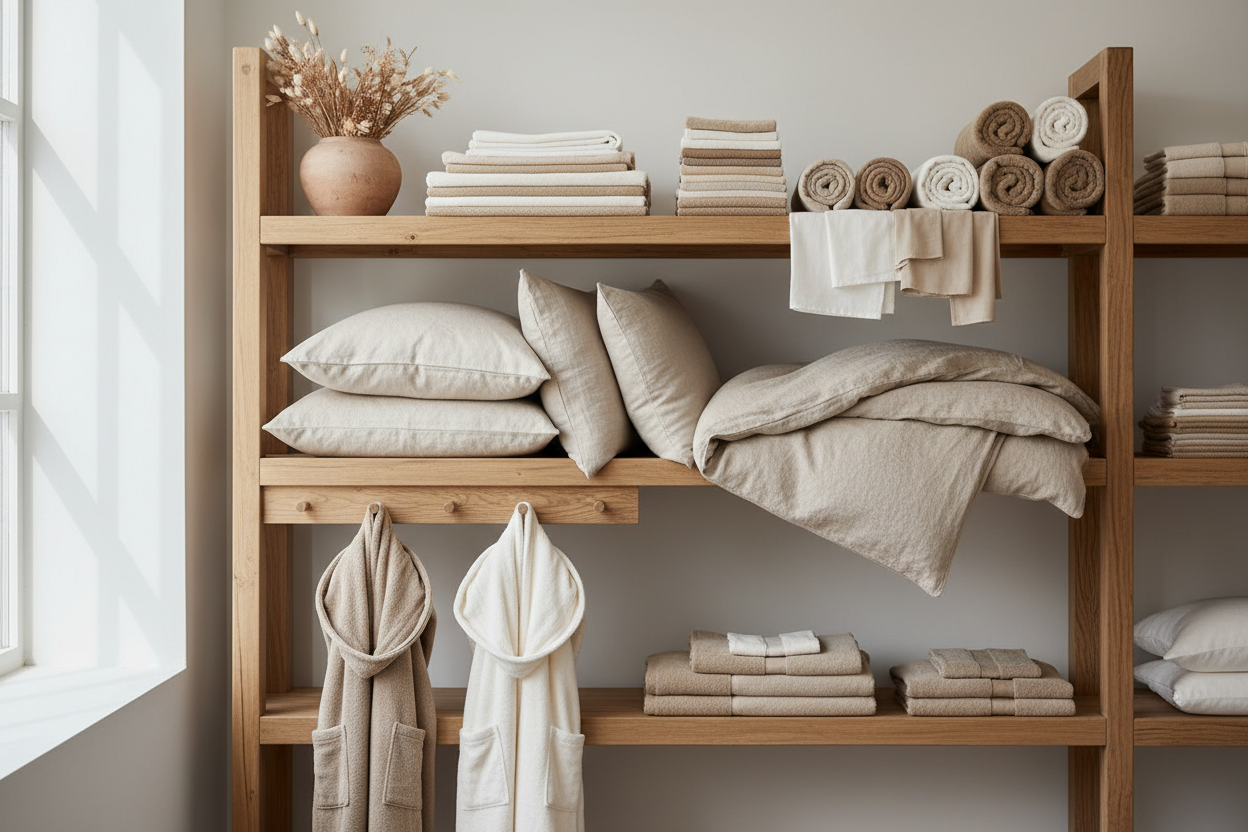 shelves with all shoo-foo natural bed pillows, bed sheets, comforters, robes, towels, and lounging apparels
