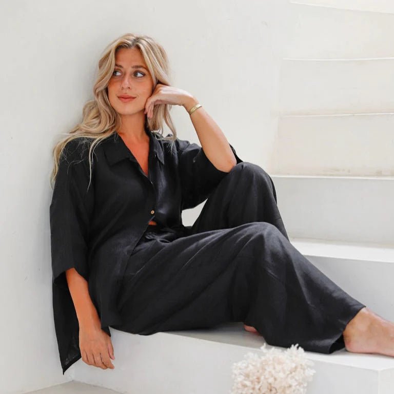 woman wearing green pure flax linen pajama set