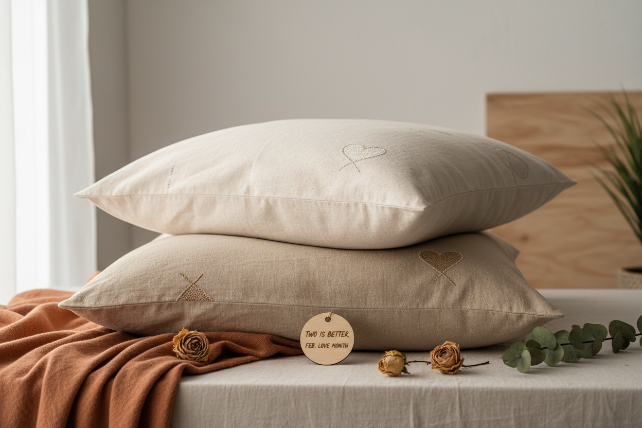 2 lovely bed pillows laying on each other, love mood, two is better, promo for Feb Love Month, natural colors, natural light 