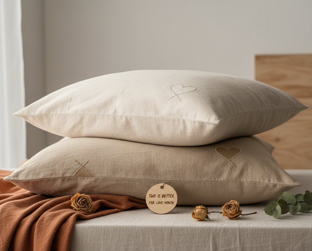 2 lovely bed pillows laying on each other, love mood, two is better, promo for Feb Love Month, natural colors, natural light 