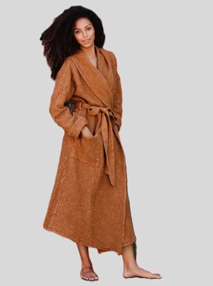 Women's Waffle Flax Linen Hooded Robe - Soft and Lightweight