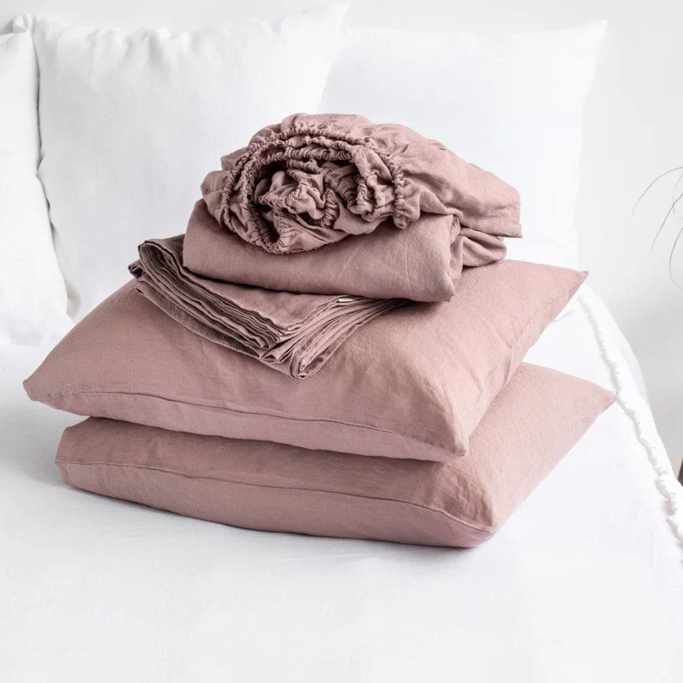 Pure European Linen Bed Sheets Set | Choice of Colors & Depth Linen Sheets Sets Twin / Regular (10 in - 25 cm) / Woodrose - SHOO-FOO, comfort of natural fibers