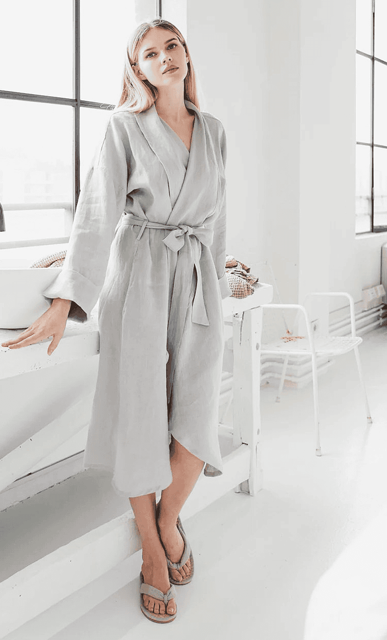 Pure Linen Bathrobe for Women Linen Bathrobes Owl Grey / Small/Medium - SHOO-FOO, comfort of natural fibers