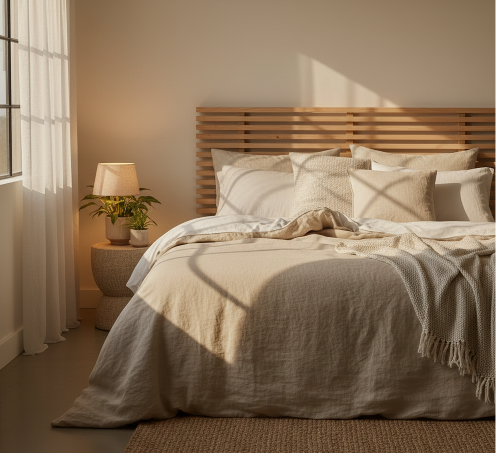Cozy bedroom with wooden headboard, natural fibers bedding, and soft lighting. SHOO-FOO comfort of natural fibers.