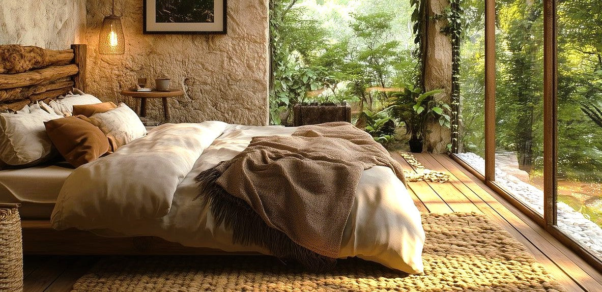bed dressed with natural fibers bedding with a view on a luxurious forest