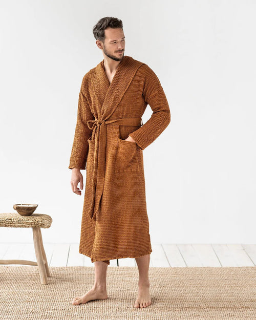 Men's Waffle Flax Linen Hooded Robe - Soft and Lightweight Linen Bathrobes Cinnamon / S/M - SHOO-FOO, comfort of natural fibers