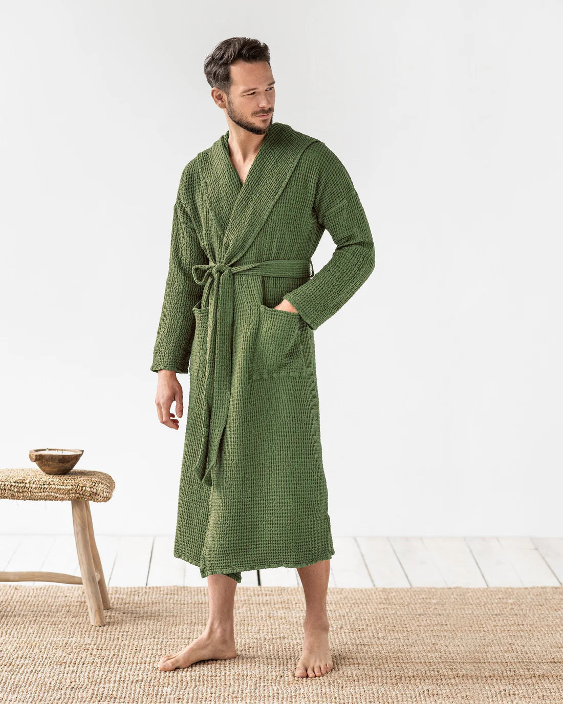 Men's Waffle Flax Linen Hooded Robe | Soft and Lightweight