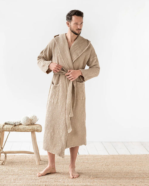 Men's Waffle Flax Linen Hooded Robe - Soft and Lightweight Linen Bathrobes Oat / S/M - SHOO-FOO, comfort of natural fibers