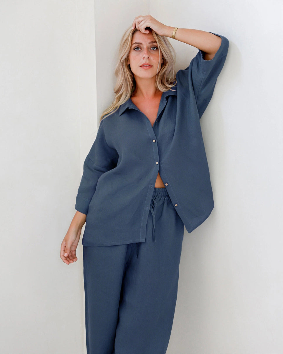 flax linen pajama set for women - navy blue color