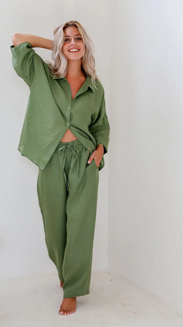 Pure Flax Linen Pajama Set - Breathable - Durable Linen Bathrobes Charcoal / X-Small - SHOO-FOO, comfort of natural fibers