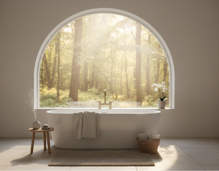 beautiful morning light coming through the window of bathroom. natural flax linen folded on bath tub